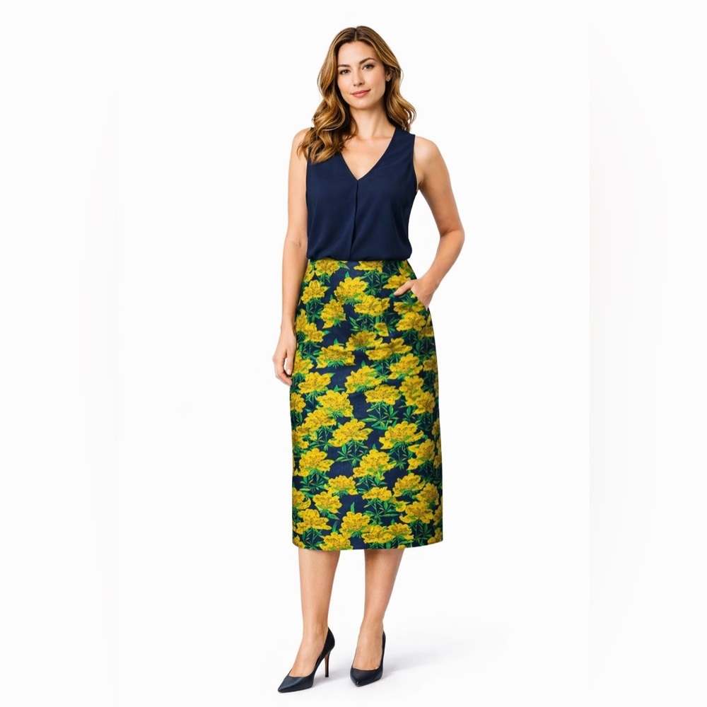 Anthropologie Isla Maude Yellow Floral Brocade
Midi Skirt Navy Lined High Waist